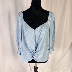 SOHO Peasant Blouse, Sz L Chambray Boho Back Zip Puff Sleeve Cropped, Front Knot